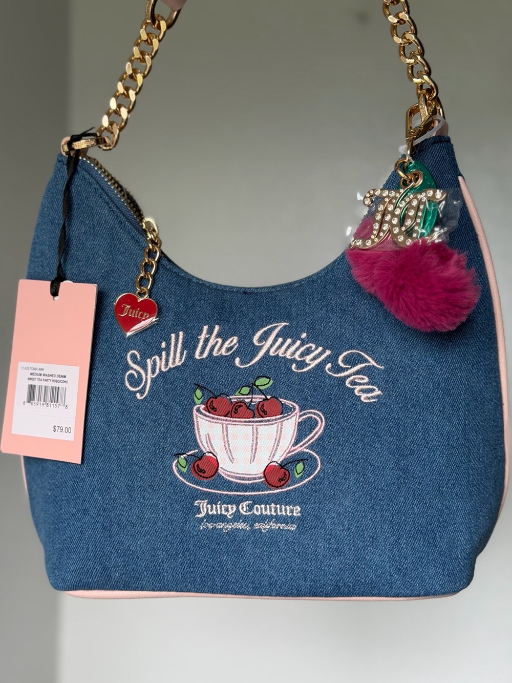 Juicy Couture denim Sweet Tea Party Shoulder Bag Cherry Spill The Juicy TEA Y2k